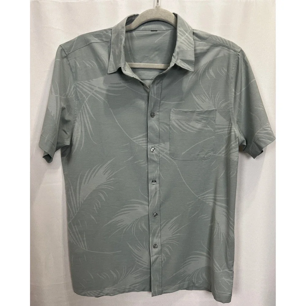 Vuori Mens Short Sleeve Button Up Shirt Sage Green Palm Print Stretch Top